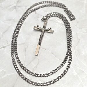 Vtg Italy Crucifix Cross Pendant Necklace Stainless 24" SilverTone Curb Chain